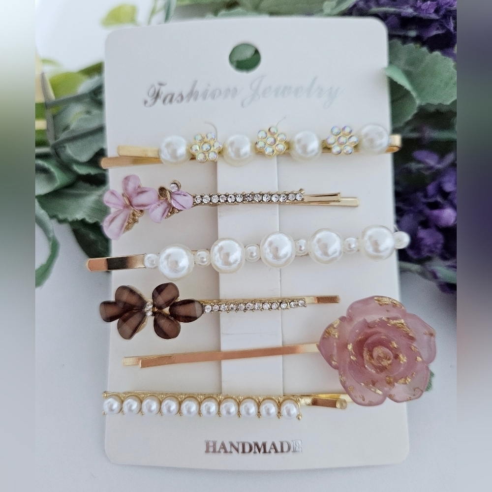 NWT Rhinestone Pearl Floral Hair Pin Set